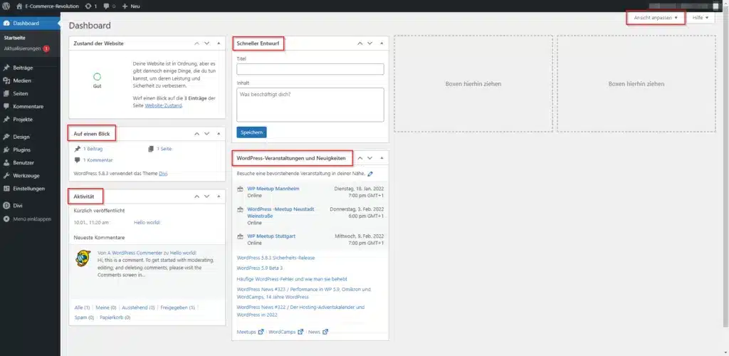 Übersicht des WordPress Dashboards mit Standard-Widgets
