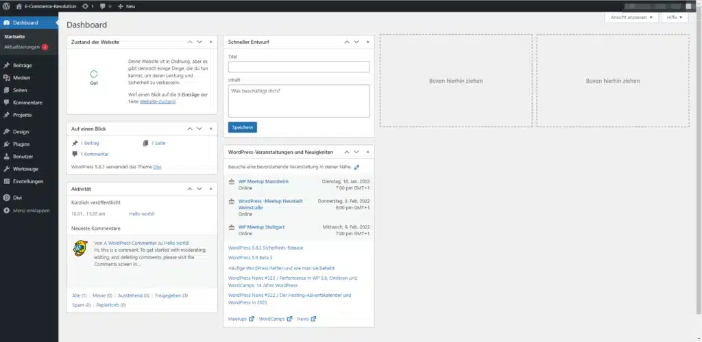 Screenshot des WordPress Dashboards