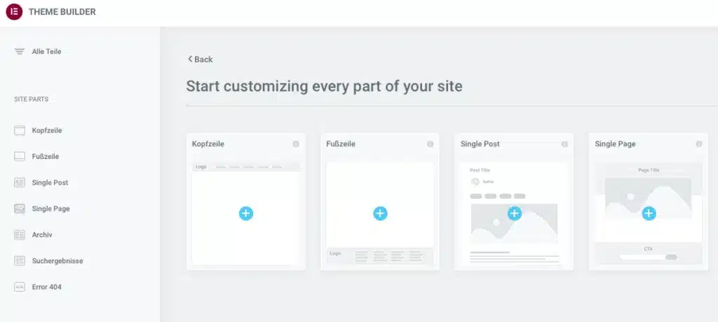 Elementor Theme Builder Oberfläche