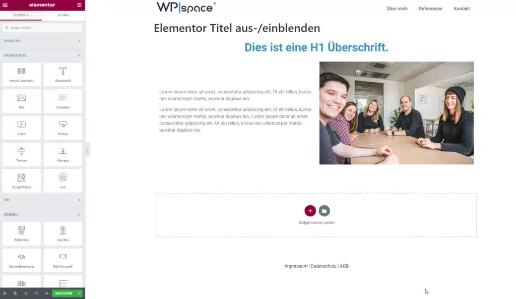 Elementor Bearbeitungsoberfläche