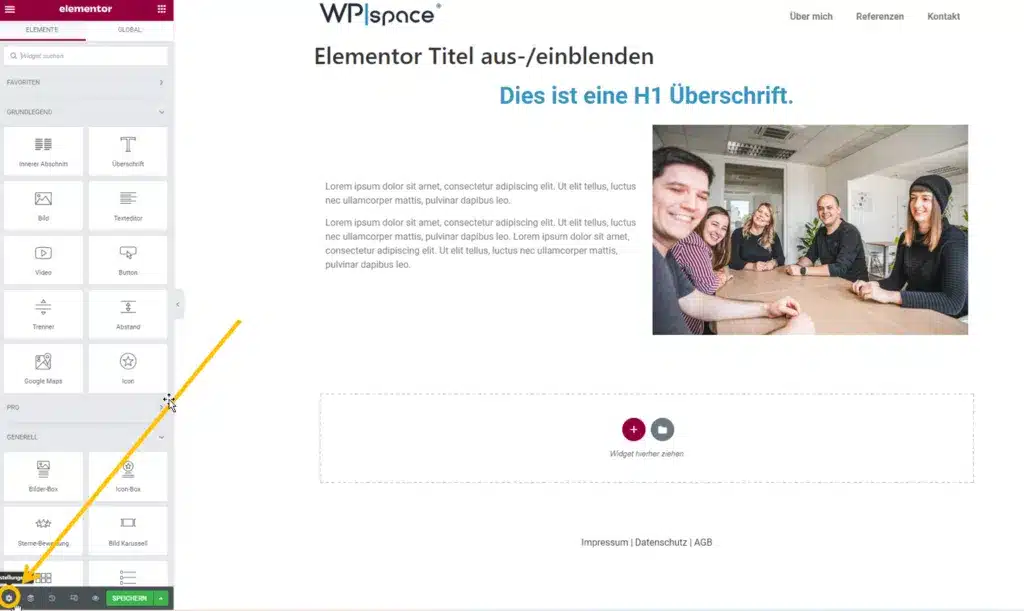 Elementor Seiteneinstellungen über Zahnrad öffnen