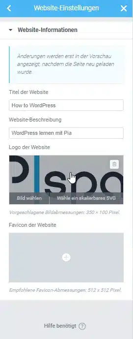 Logo in den Elementor Website Informationen einfügen