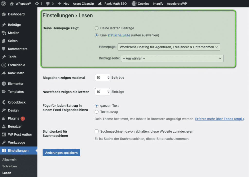 WordPress Startseite festlegen im WordPress Dashboard
