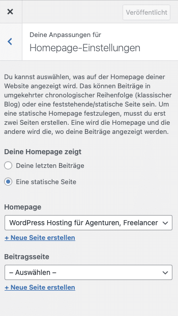 WordPress Startseite festlegen Customizer in WordPress