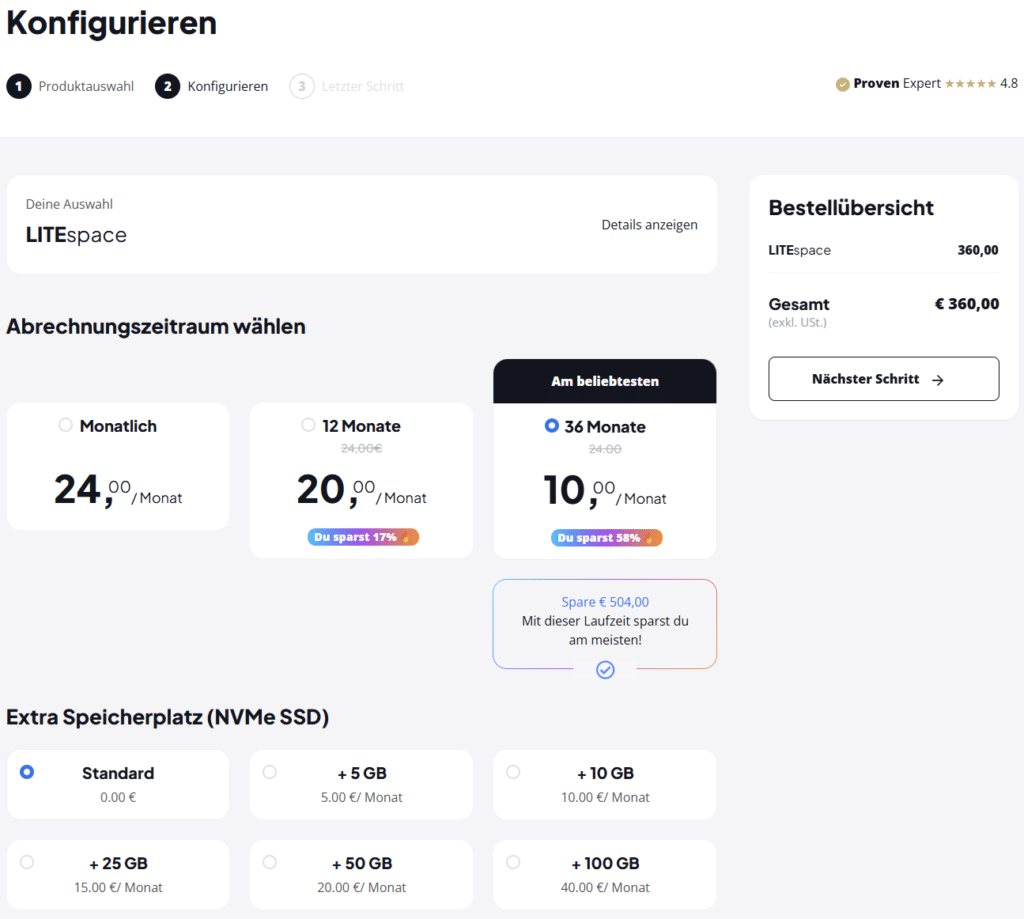 WordPress Hosting Tarife konfigurieren im Bestellvorgang