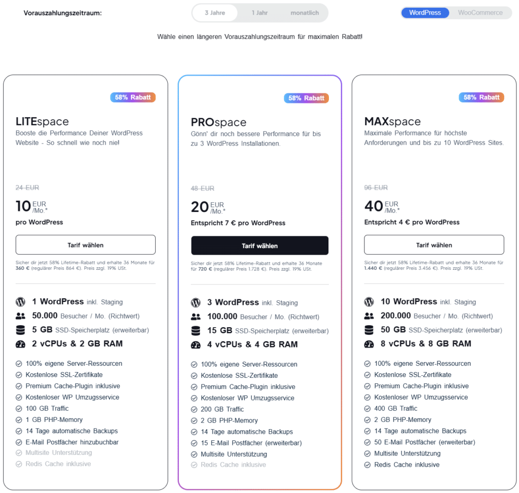 WordPress Hosting Tarife von WPspace