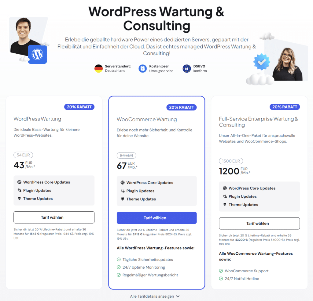 Übersicht WordPress Wartung Tarife von WPspace