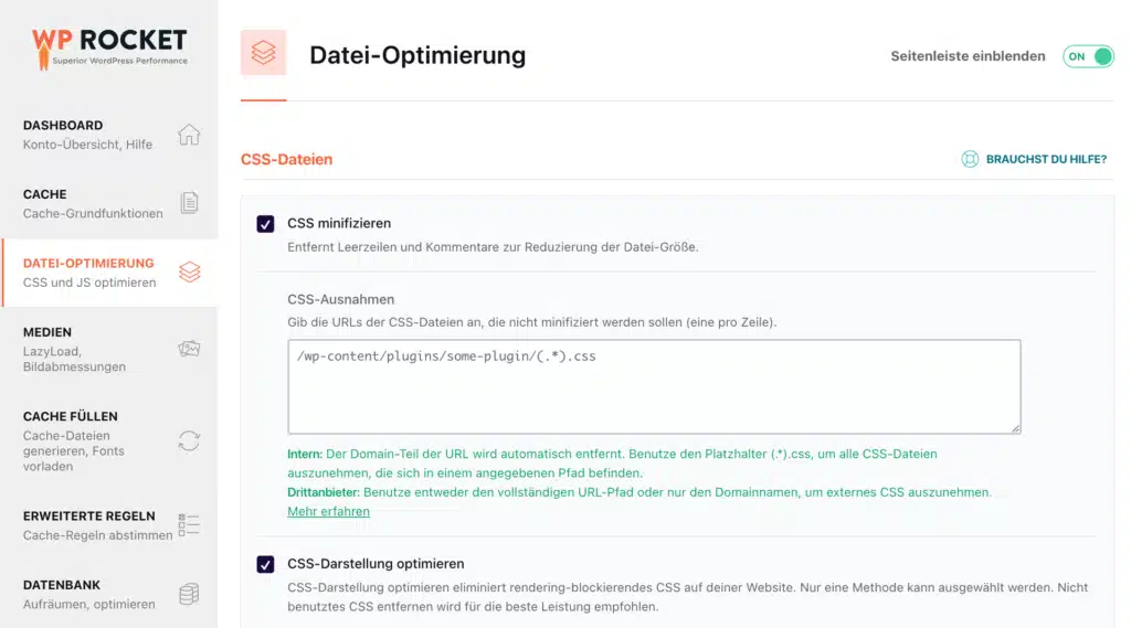 Dashboard von WP Rocket zur CSS-Datei-Optimierung