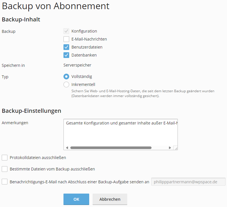 Einstellungen für den Inhalt des Backups