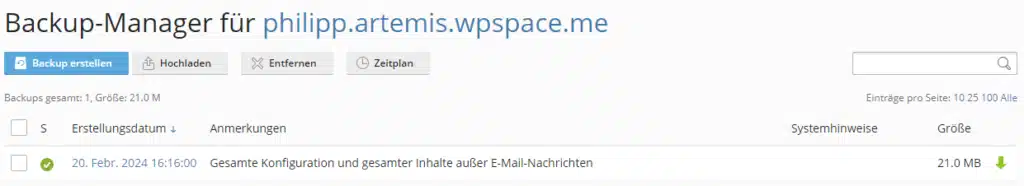Backup-Übersicht im Backup Manager