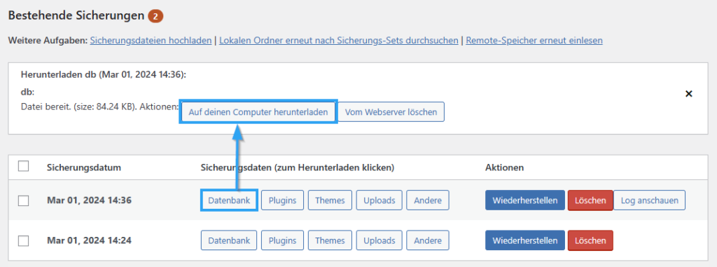 Backup herunterladen UpdraftPlus