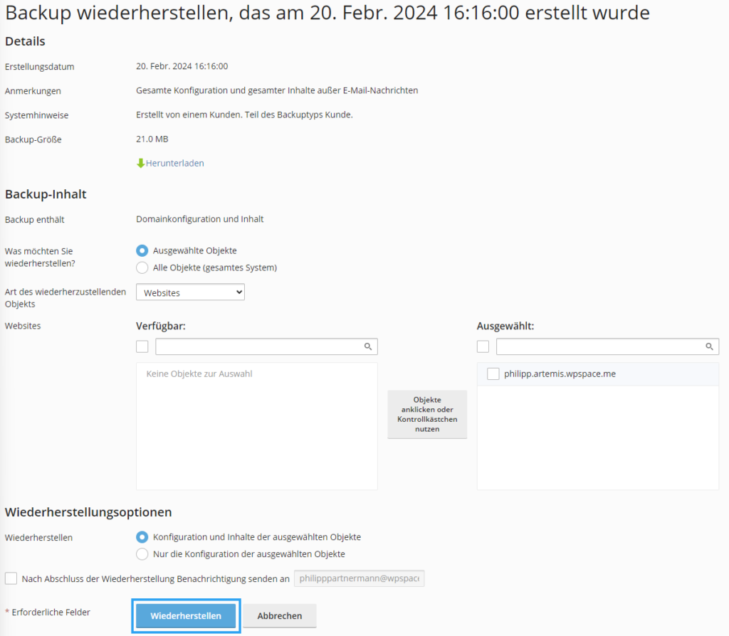 Backup für WordPress Website wiederherstellen bei WPspace