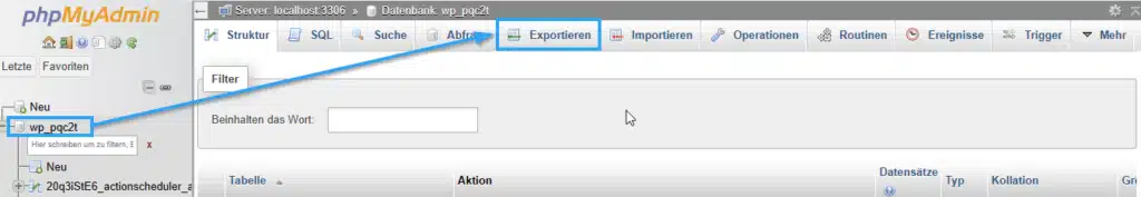 Datenbank exportieren in phpMyAdmin