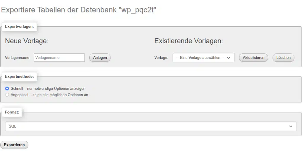 Screenshot aus dem Datenbank exportieren Prozess