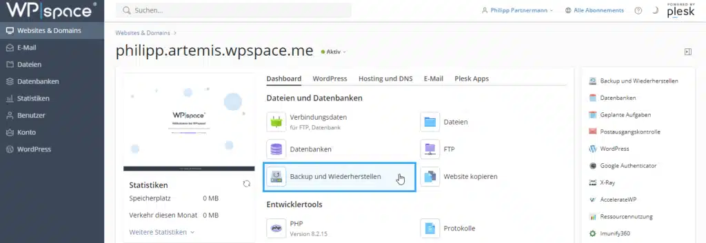 WPspace Hosting Oberfläche