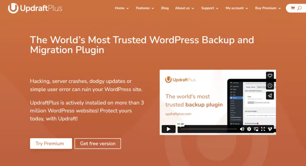 Screenshot der Hero Section der Website von UpdraftPlus