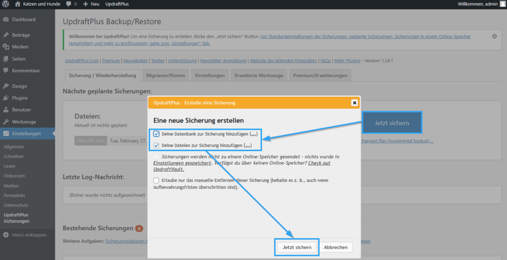 UpdraftPlus Sicherung erstellen