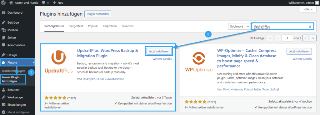 WordPress Plugin "UpdraftPlus" im WordPress Dashboard installieren