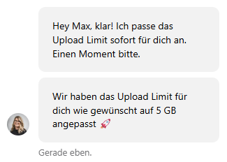 WordPress Upload Limit vom WPspace Support erhöht Chatnachricht