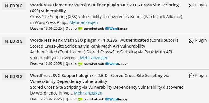 Ausschnitt von Sicherheitslücken einer WordPress Installation