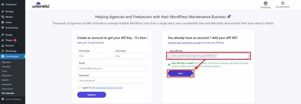 WP Umbrella mit API Key verknüpfen