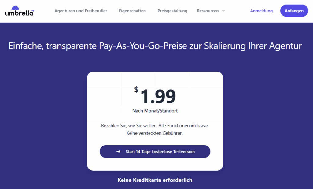 WP Umbrella Preise Screenshot