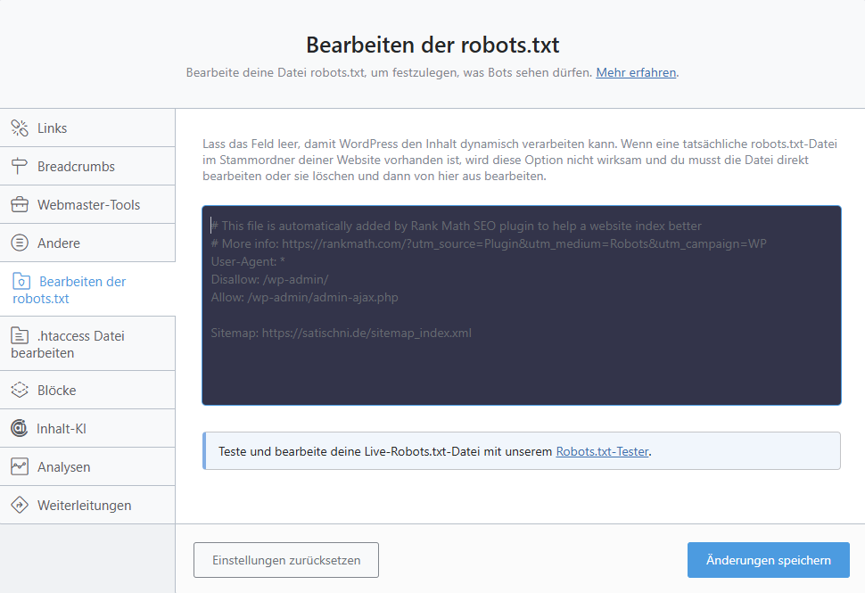 robots.txt mit WordPress Plugin Rank Math bearbeiten