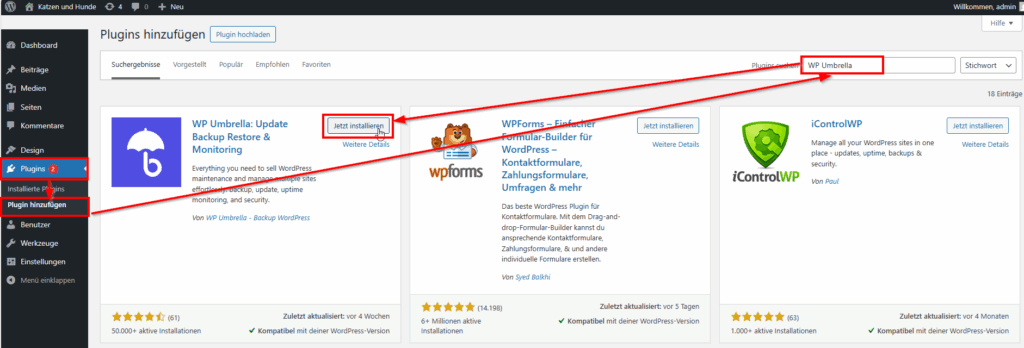 WP Umbrella Worker im WordPress Dashboard installieren
