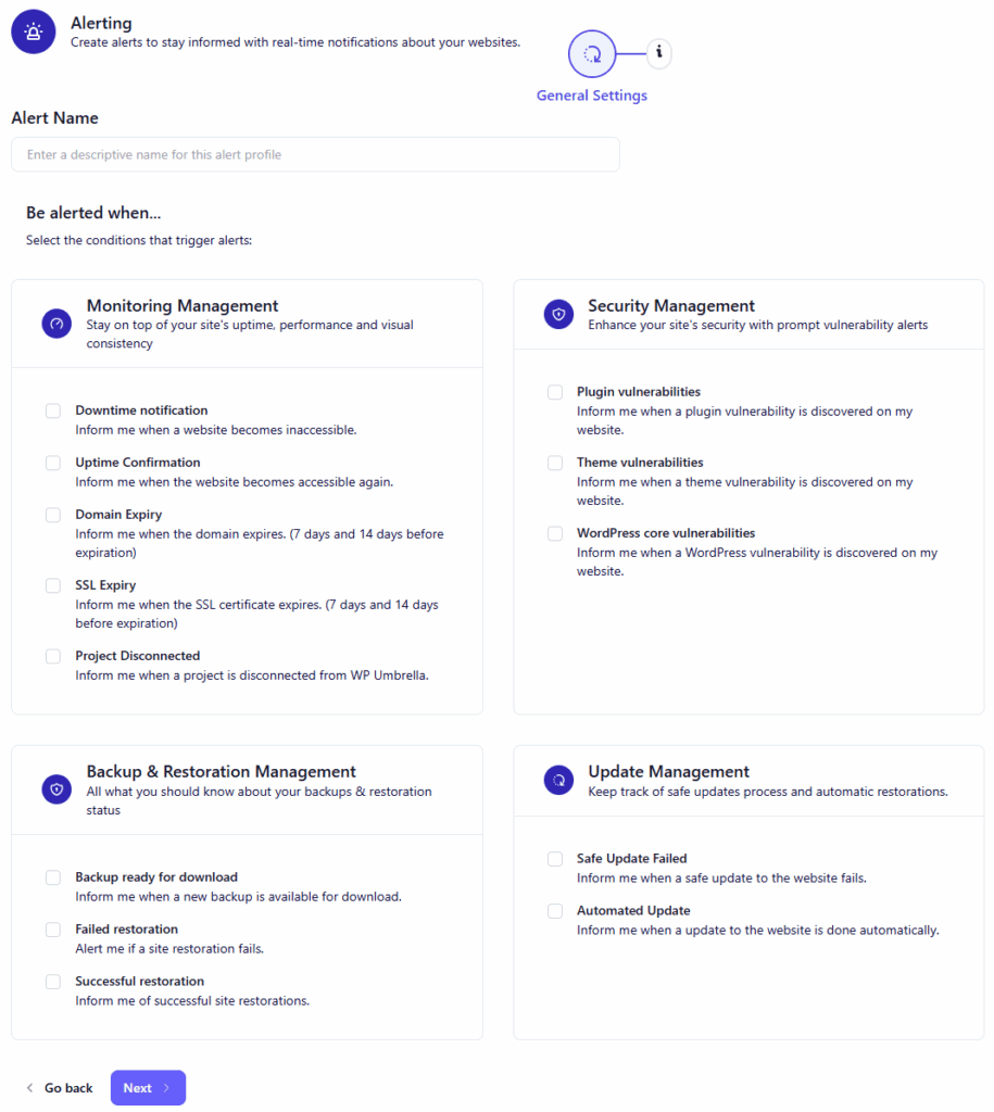 Benachrichtigungen für Monitoring, Sicherheitslücken, Backups oder Updates in WP Umbrella konfigurieren