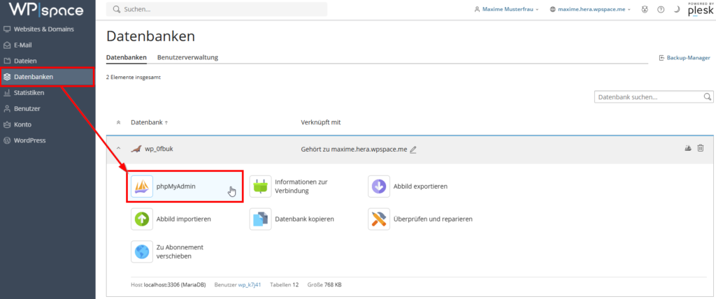 In Plesk unter Datenbanken auf phpMyAdmin zugreifen