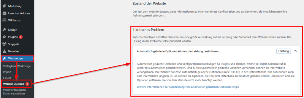 Kritische Fehlermeldung in WordPress, dass automatisch geladene Optionen die Leistung beeinflussen können