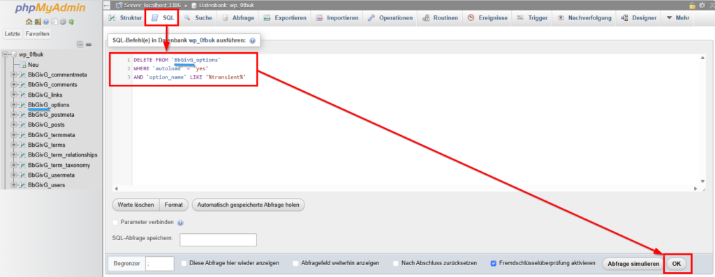 In phpMyAdmin einen SQL-Befehl eingeben