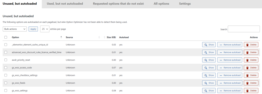 Oberfläche des WordPress Plugins "Option Optimizer"