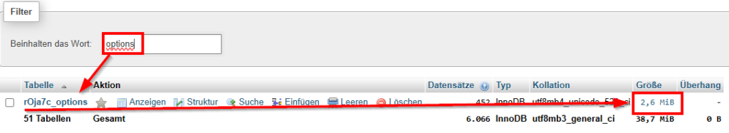 Größe der wp_options in phpMyAdmin bestimmen
