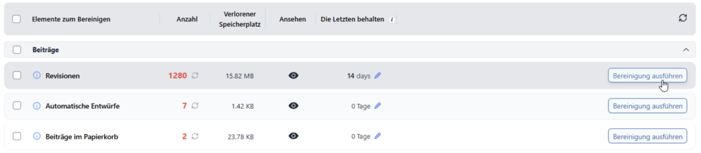 Oberfläche des WordPress Plugin Advanced Database Cleaner