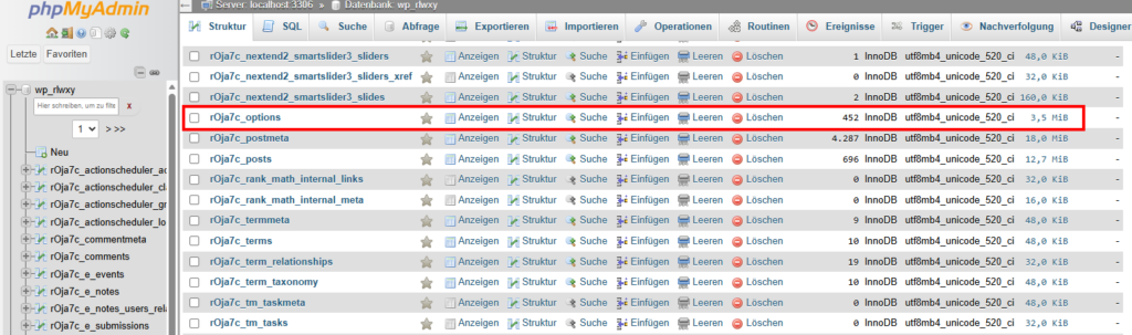 Tabelle wp_options in WordPress Datenbank via phpMyAdmin