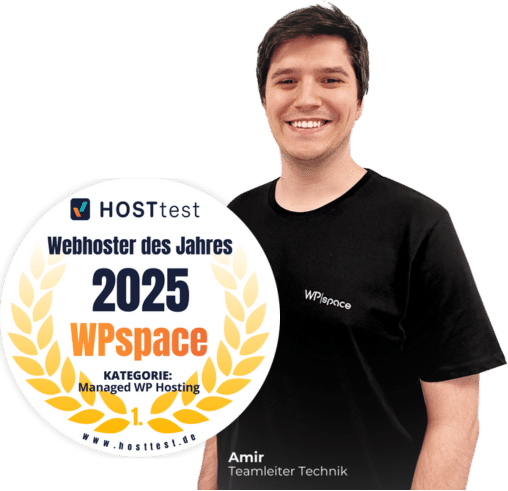 Amir aus dem WPspace Team mit der Webhoster des Jahres 2025 Auszeichnung