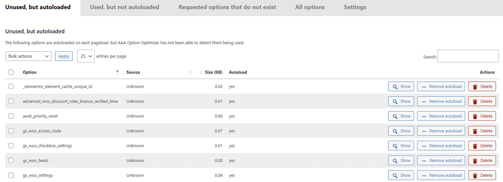 Oberfläche des WordPress Plugins "Option Optimizer"