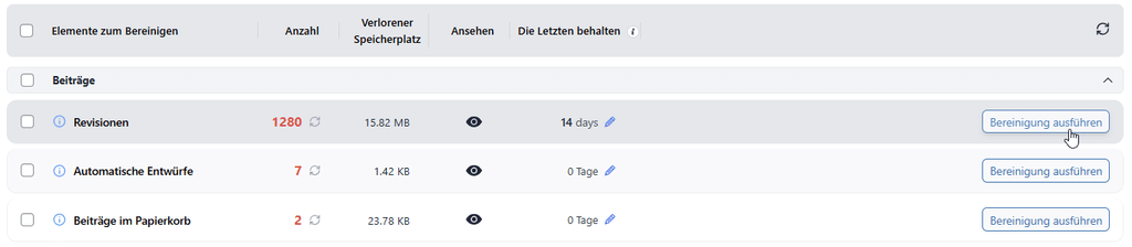 Oberfläche des WordPress Plugin Advanced Database Cleaner